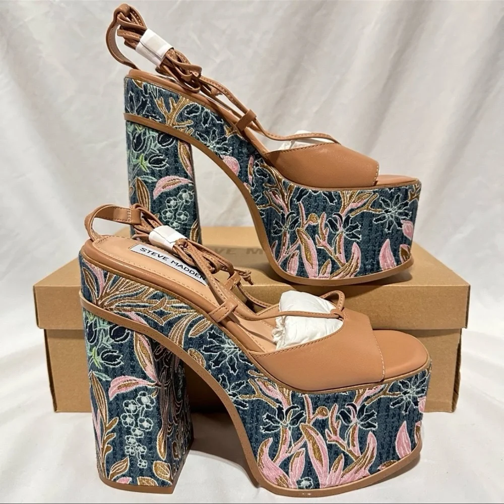 Steve Madden Anika Tan Leather Chunky Embroidered Platform Lace Up Heels Summer - Picture 6 of 12